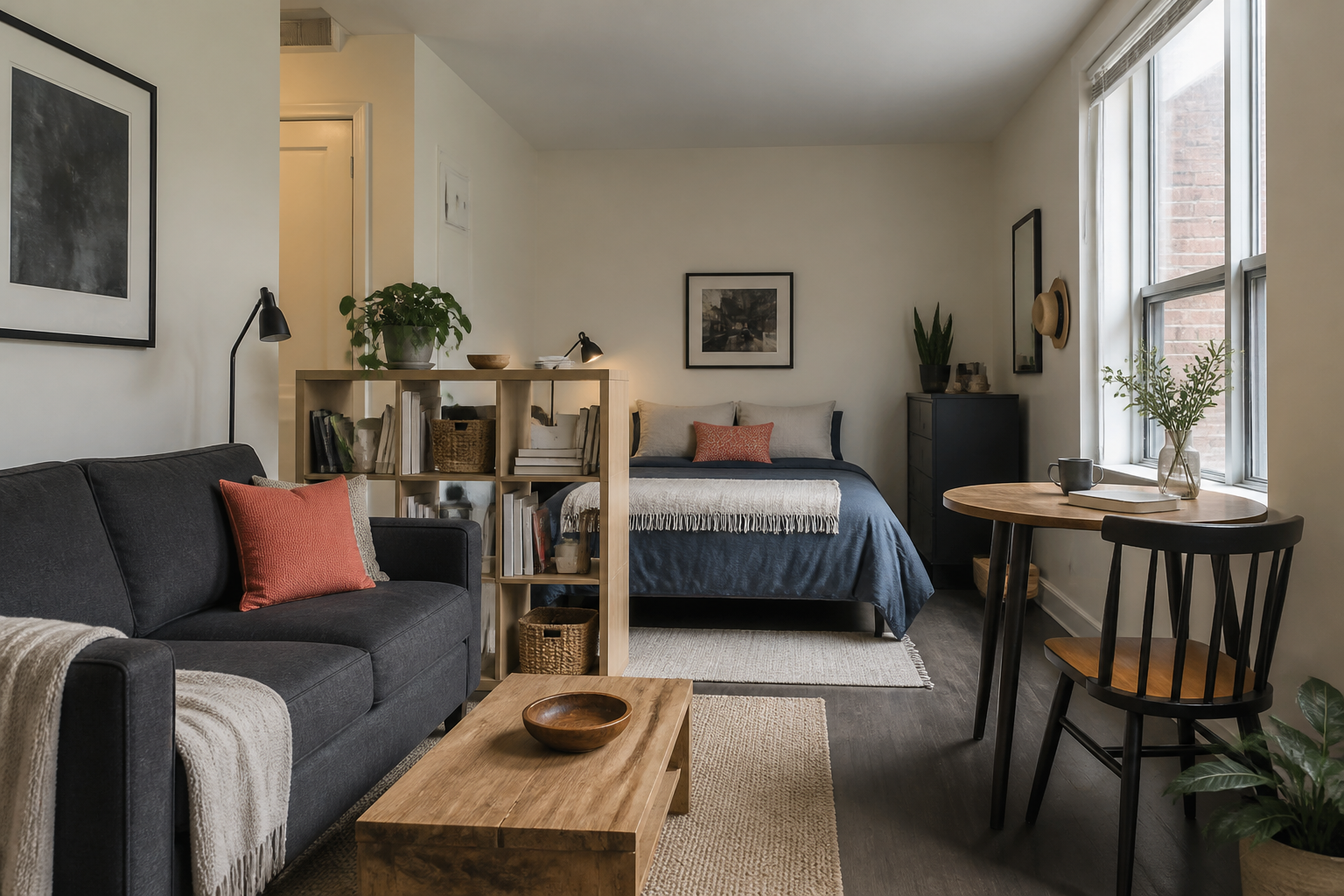 Studio apartment with distinct living, sleeping and work zones
