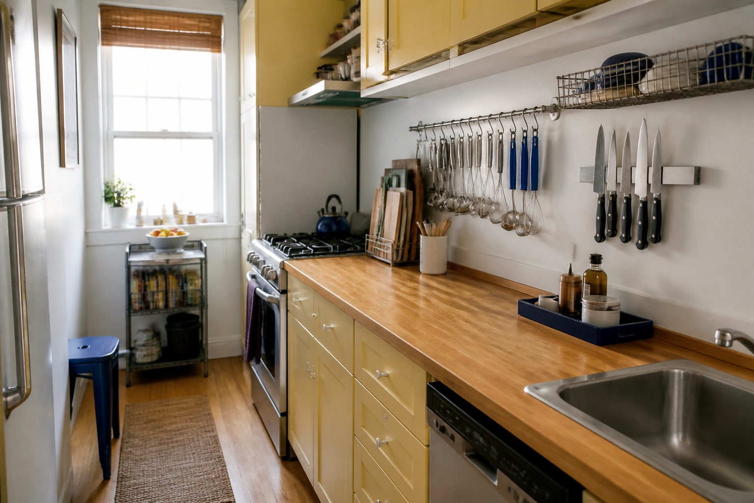 Small kitchen with a clear worktop and organized wall storage