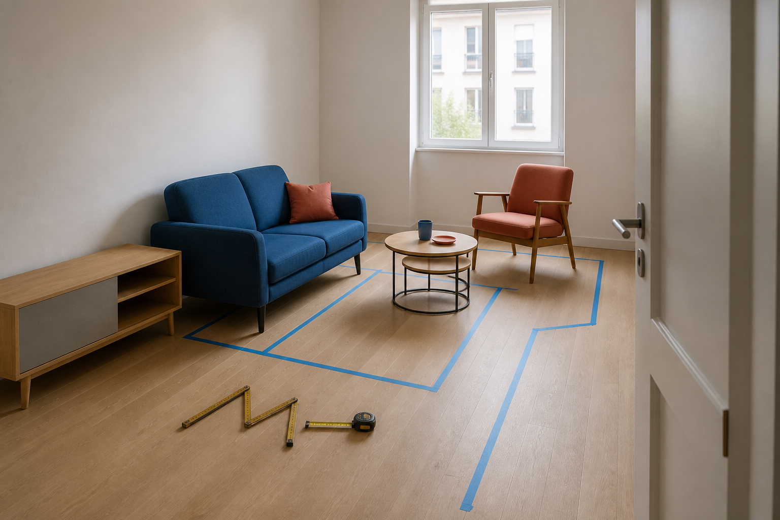 Compact living room with taped furniture footprints and a clear walking route
