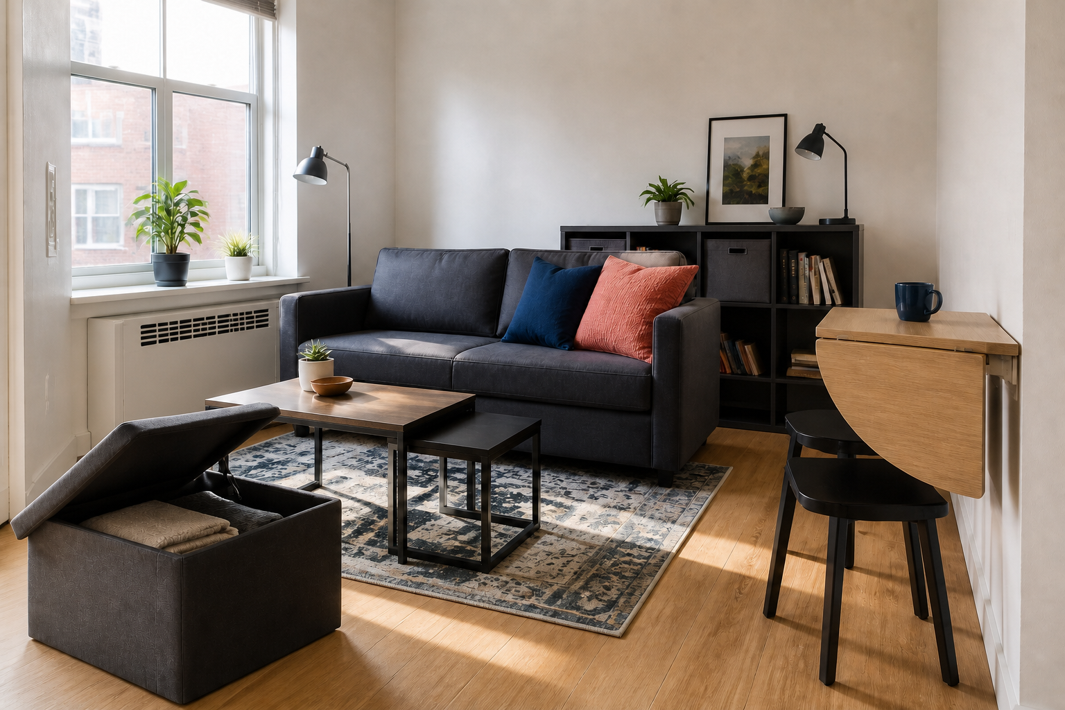 Compact living room arranged with multifunctional furniture